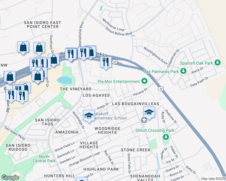 map of restaurants, bars, coffee shops, grocery stores, and more near 3024 Dos Reales Loop in Laredo
