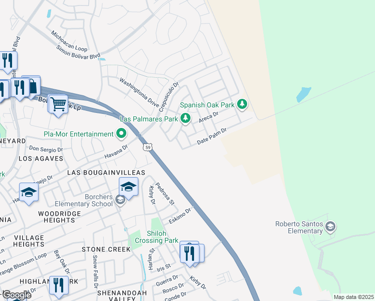 map of restaurants, bars, coffee shops, grocery stores, and more near 511 Livistona Drive in Laredo