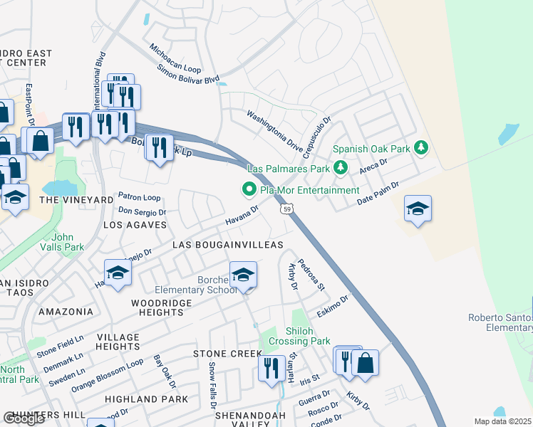 map of restaurants, bars, coffee shops, grocery stores, and more near Havana Drive in Laredo