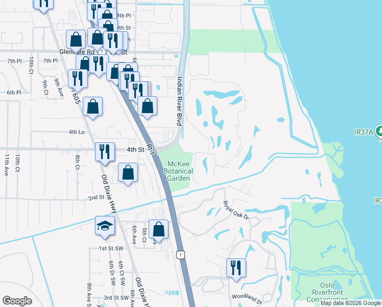 map of restaurants, bars, coffee shops, grocery stores, and more near Vista Gardens Trail in Vero Beach