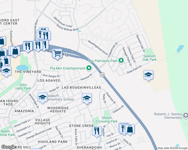 map of restaurants, bars, coffee shops, grocery stores, and more near Havana Drive in Laredo