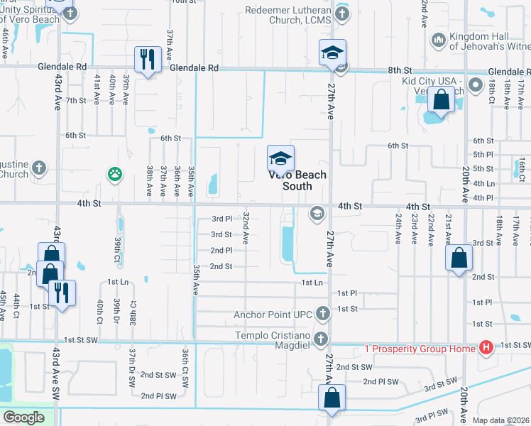 map of restaurants, bars, coffee shops, grocery stores, and more near 395 30th Avenue in Vero Beach