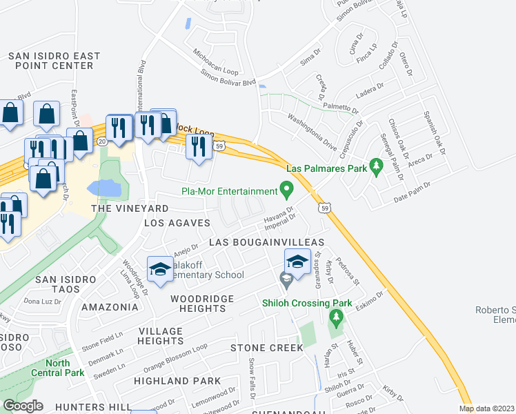 map of restaurants, bars, coffee shops, grocery stores, and more near 3149 Dos Reales Loop in Laredo