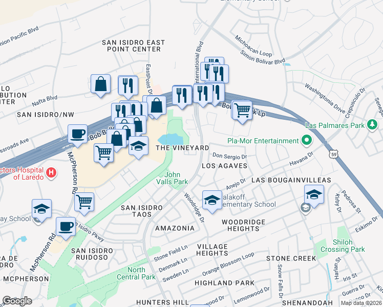 map of restaurants, bars, coffee shops, grocery stores, and more near 10706 International Boulevard in Laredo