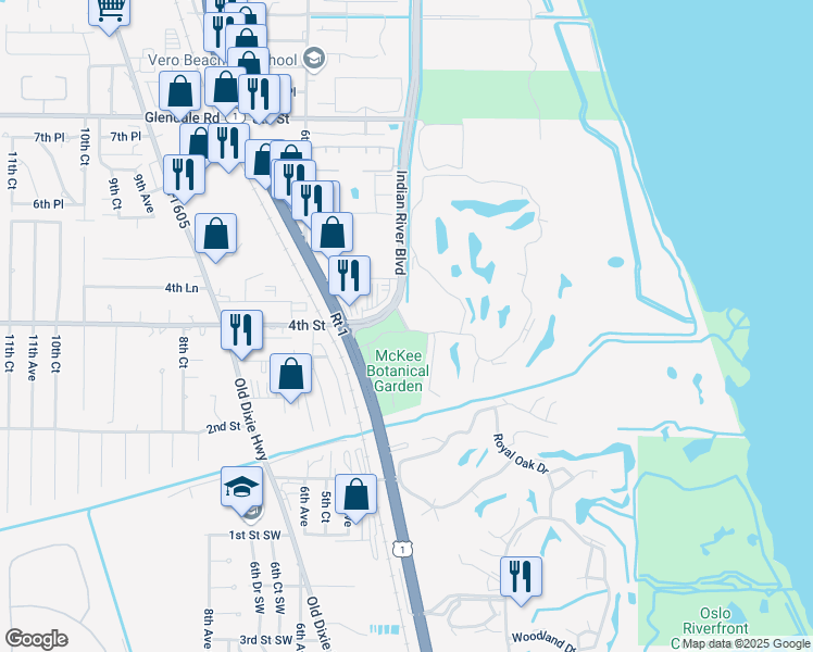 map of restaurants, bars, coffee shops, grocery stores, and more near 455 Indian River Boulevard in Vero Beach