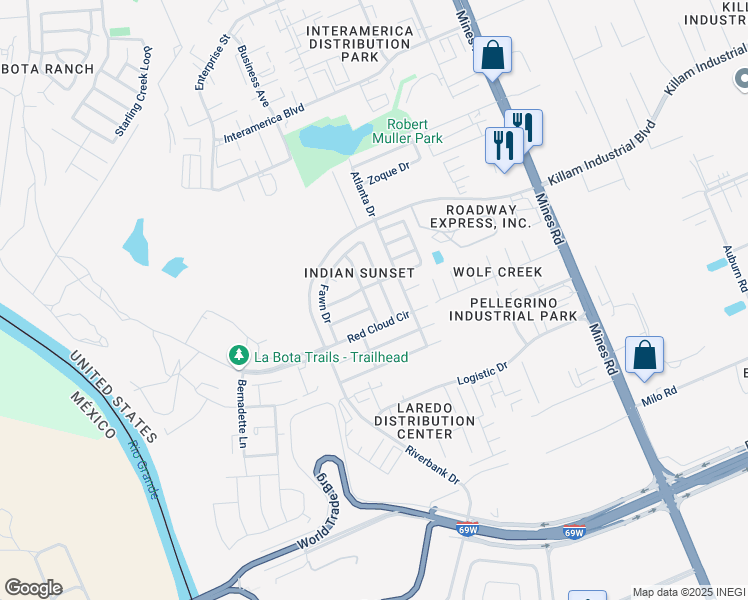 map of restaurants, bars, coffee shops, grocery stores, and more near 11819 Mohawk Drive in Laredo