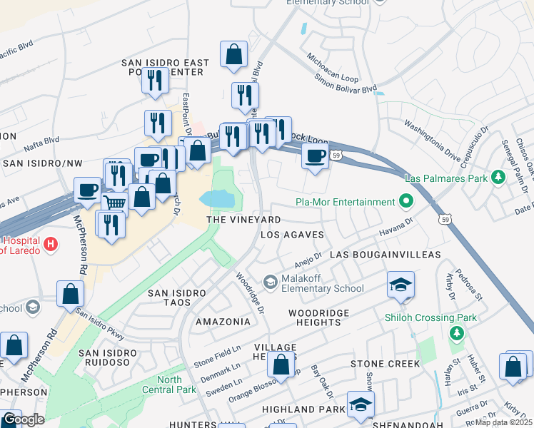 map of restaurants, bars, coffee shops, grocery stores, and more near 10620 Patron Loop in Laredo