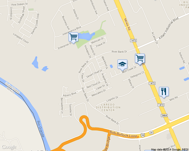 map of restaurants, bars, coffee shops, grocery stores, and more near 11819 Mohawk Dr in Laredo