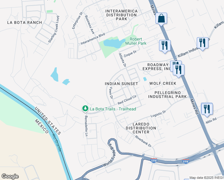 map of restaurants, bars, coffee shops, grocery stores, and more near 13146 Fawn Dr in Laredo