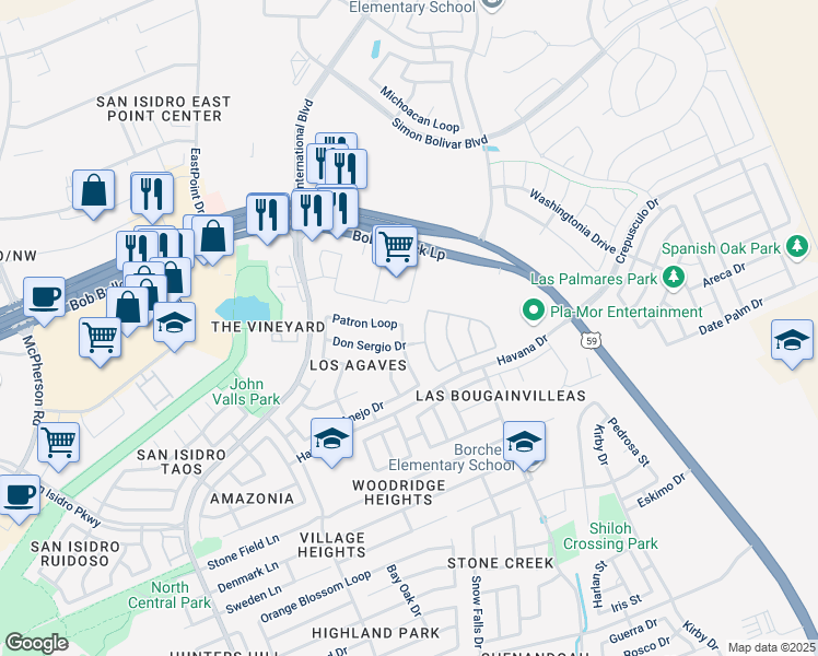 map of restaurants, bars, coffee shops, grocery stores, and more near 3113 Anejo Drive in Laredo