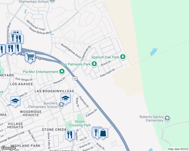 map of restaurants, bars, coffee shops, grocery stores, and more near 511 Livistona Drive in Laredo