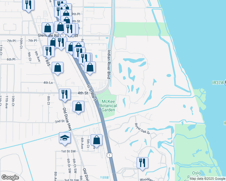 map of restaurants, bars, coffee shops, grocery stores, and more near 410 4th Court in Vero Beach