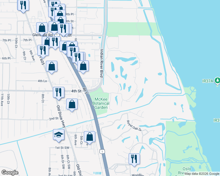 map of restaurants, bars, coffee shops, grocery stores, and more near 410 4th Court in Vero Beach
