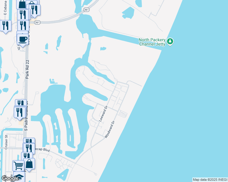 map of restaurants, bars, coffee shops, grocery stores, and more near 14915 Beach Way Drive in Corpus Christi