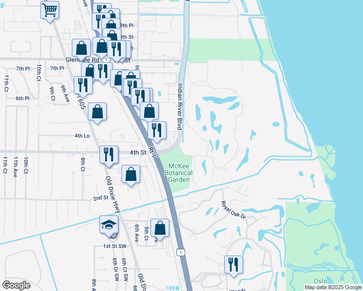 map of restaurants, bars, coffee shops, grocery stores, and more near 455 Indian River Boulevard in Vero Beach