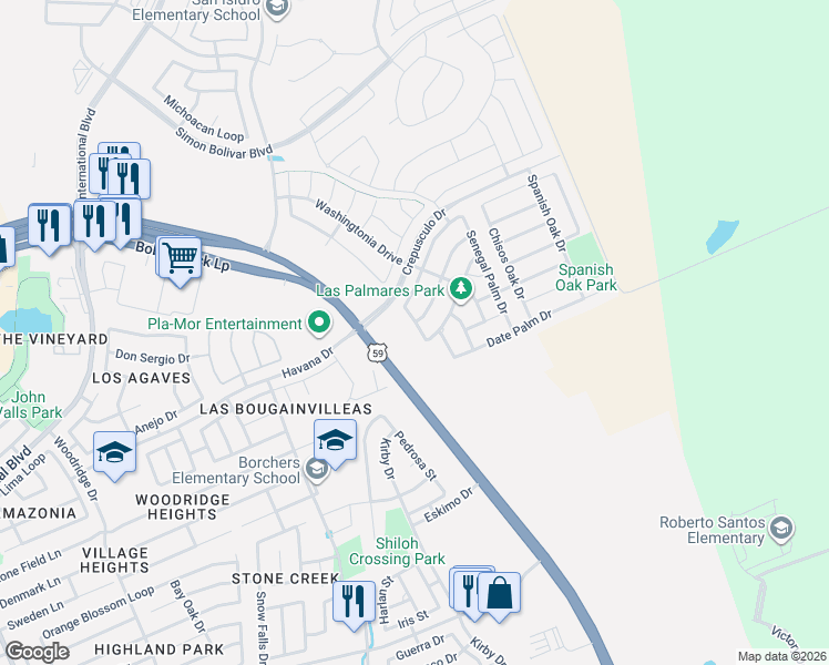 map of restaurants, bars, coffee shops, grocery stores, and more near 419 Windmill Palm Drive in Laredo