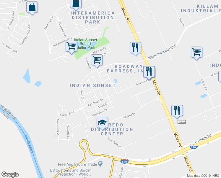 map of restaurants, bars, coffee shops, grocery stores, and more near 507 Seminole Creek in Laredo