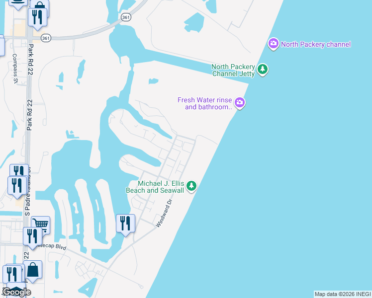 map of restaurants, bars, coffee shops, grocery stores, and more near 14915 Beach Way Drive in Corpus Christi