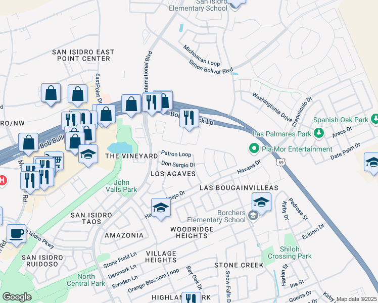 map of restaurants, bars, coffee shops, grocery stores, and more near 3113 Anejo Drive in Laredo