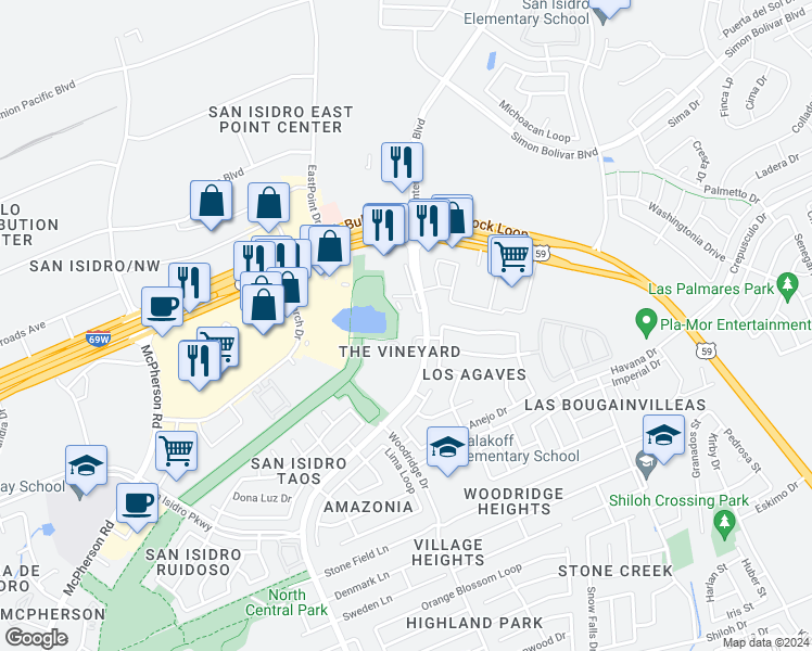 map of restaurants, bars, coffee shops, grocery stores, and more near 10708 International Boulevard in Laredo