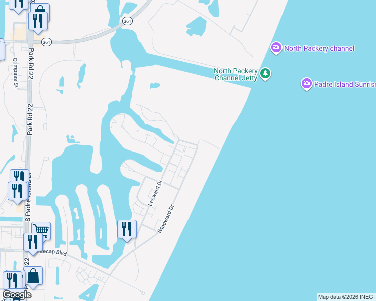 map of restaurants, bars, coffee shops, grocery stores, and more near 14915 Beach Way Drive in Corpus Christi