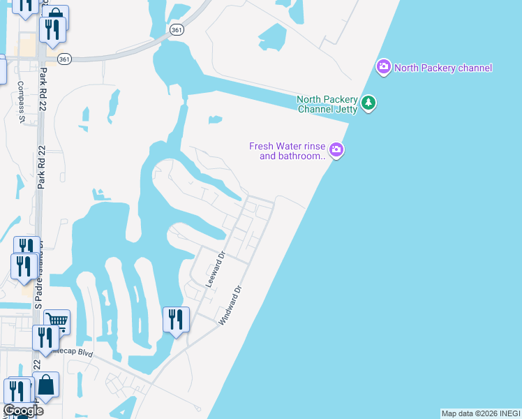 map of restaurants, bars, coffee shops, grocery stores, and more near 14915 Beach Way Drive in Corpus Christi