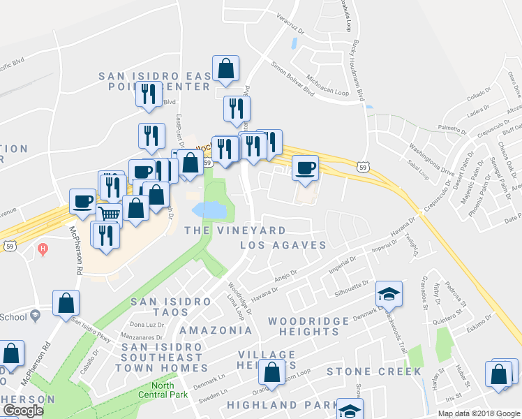 map of restaurants, bars, coffee shops, grocery stores, and more near 10708 Patron Loop in Laredo