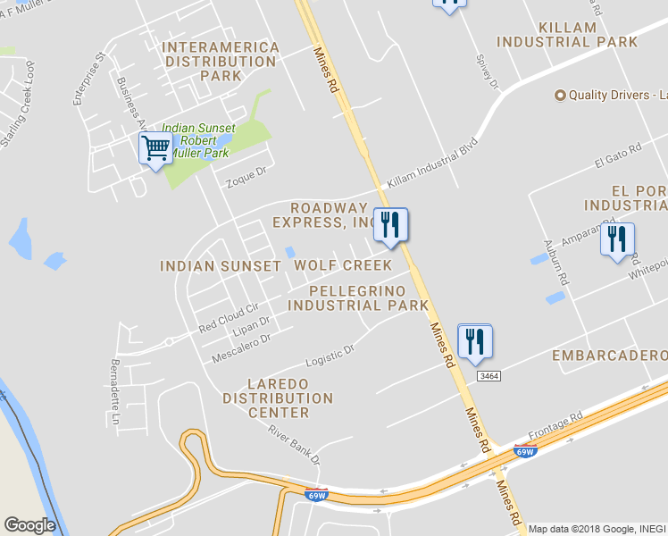 map of restaurants, bars, coffee shops, grocery stores, and more near 12602 Blue Sky Creek in Laredo