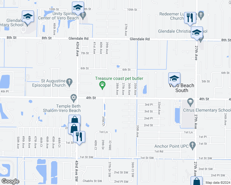 map of restaurants, bars, coffee shops, grocery stores, and more near 425 38th Avenue in Vero Beach