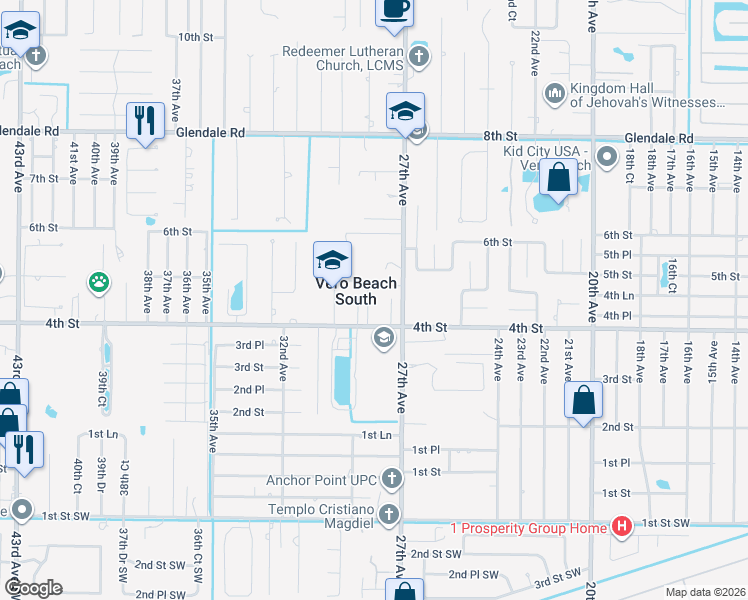 map of restaurants, bars, coffee shops, grocery stores, and more near 2740 4th Place in Vero Beach