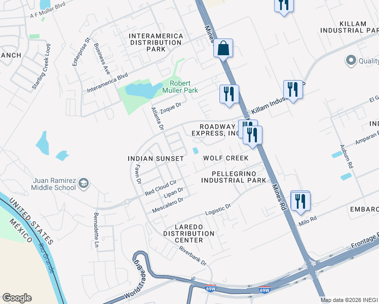 map of restaurants, bars, coffee shops, grocery stores, and more near 12903 Blackfoot Dr in Laredo