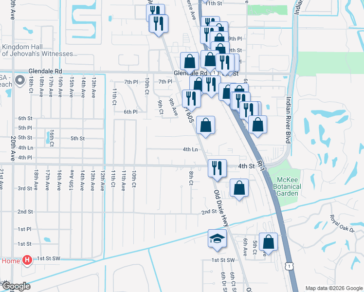 map of restaurants, bars, coffee shops, grocery stores, and more near 884 4th Lane in Vero Beach