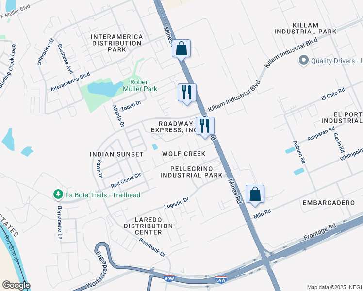 map of restaurants, bars, coffee shops, grocery stores, and more near 12609 Blue Sky Creek in Laredo