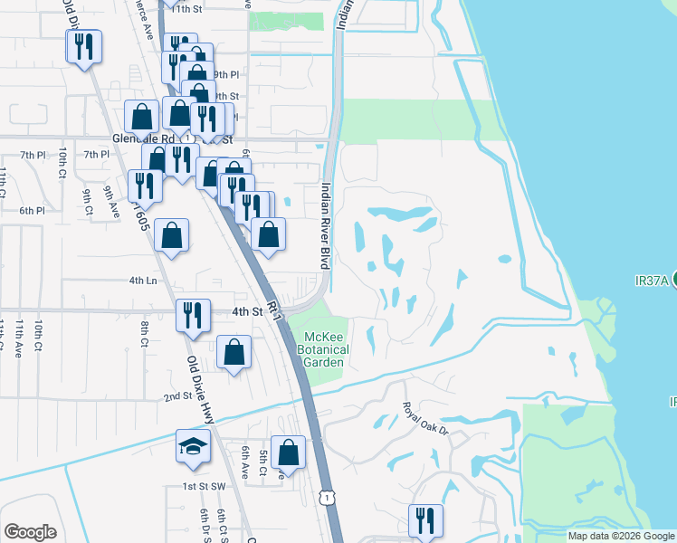 map of restaurants, bars, coffee shops, grocery stores, and more near 45 Vista Gardens tr in Vero Beach