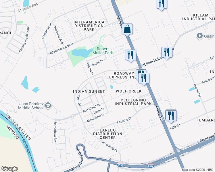 map of restaurants, bars, coffee shops, grocery stores, and more near 12903 Blackfoot Drive in Laredo