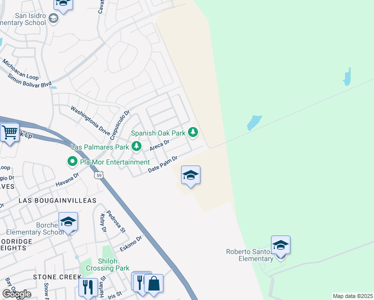map of restaurants, bars, coffee shops, grocery stores, and more near 220 Date Palm Drive in Laredo
