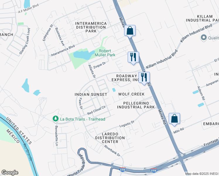 map of restaurants, bars, coffee shops, grocery stores, and more near 12909 Blackfoot Drive in Laredo