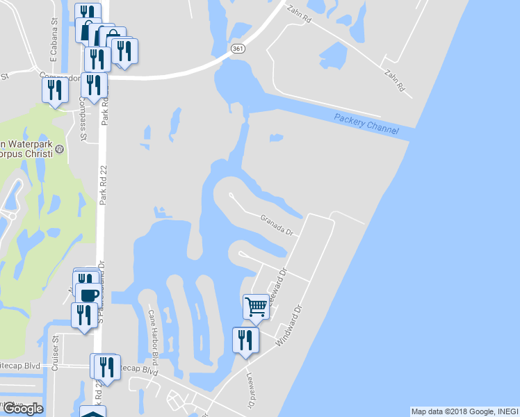 map of restaurants, bars, coffee shops, grocery stores, and more near 14854 Granada Drive in Corpus Christi