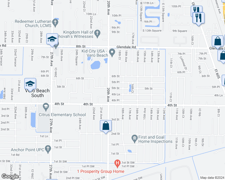 map of restaurants, bars, coffee shops, grocery stores, and more near 1865 5th Street in Vero Beach