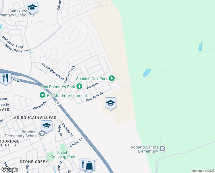 map of restaurants, bars, coffee shops, grocery stores, and more near 220 Date Palm Drive in Laredo