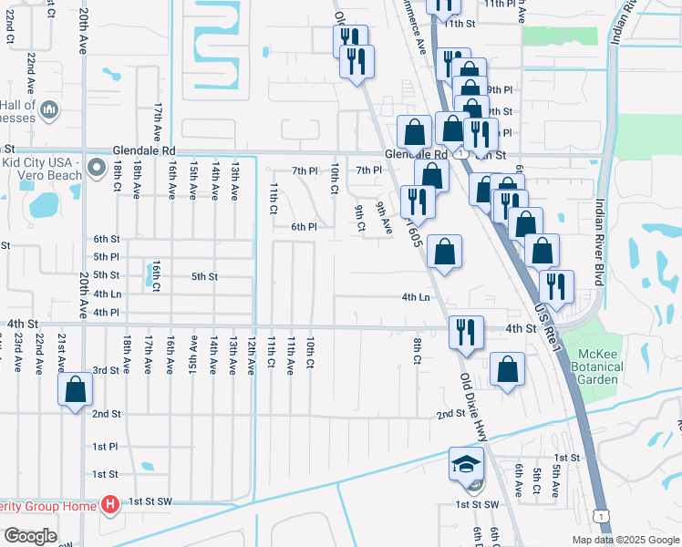 map of restaurants, bars, coffee shops, grocery stores, and more near 490 10th Avenue in Vero Beach
