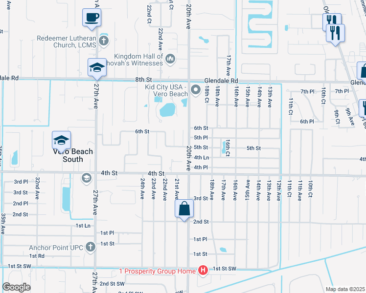 map of restaurants, bars, coffee shops, grocery stores, and more near 5th Street in Vero Beach
