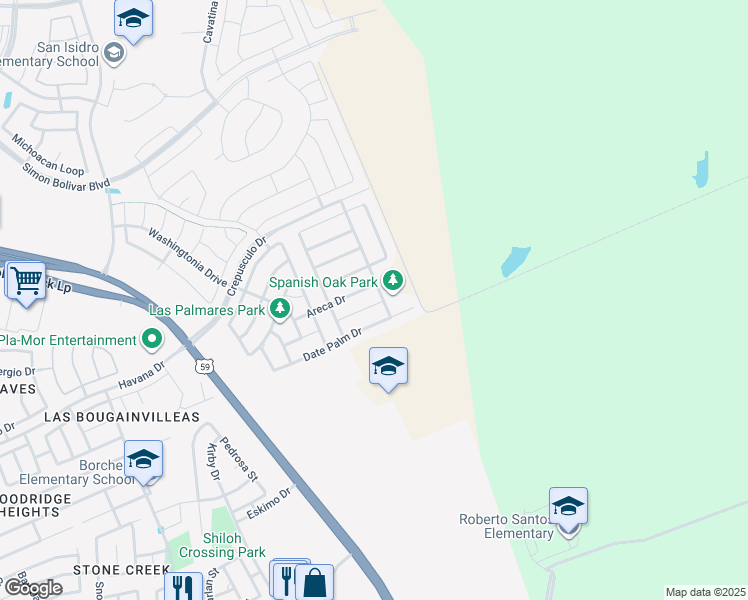 map of restaurants, bars, coffee shops, grocery stores, and more near 220 Date Palm Drive in Laredo