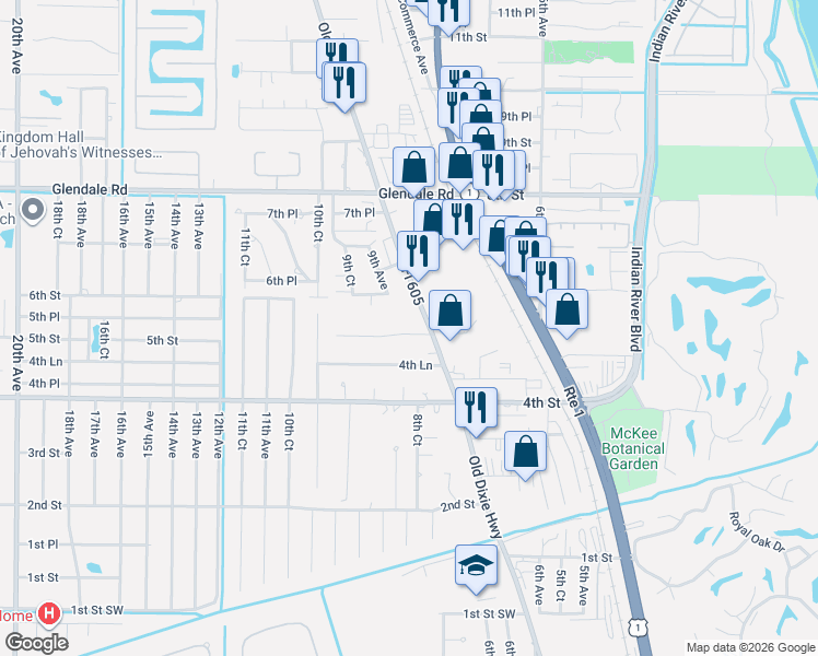 map of restaurants, bars, coffee shops, grocery stores, and more near 933 6th Street in Vero Beach