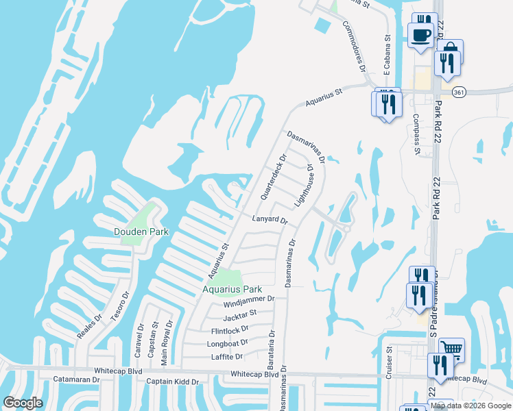 map of restaurants, bars, coffee shops, grocery stores, and more near 14837 Quarterdeck Drive in Corpus Christi