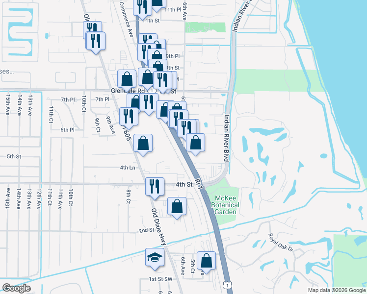 map of restaurants, bars, coffee shops, grocery stores, and more near in Vero Beach