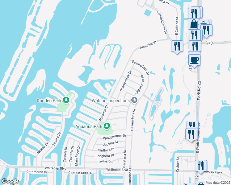 map of restaurants, bars, coffee shops, grocery stores, and more near 14837 Quarterdeck Drive in Corpus Christi