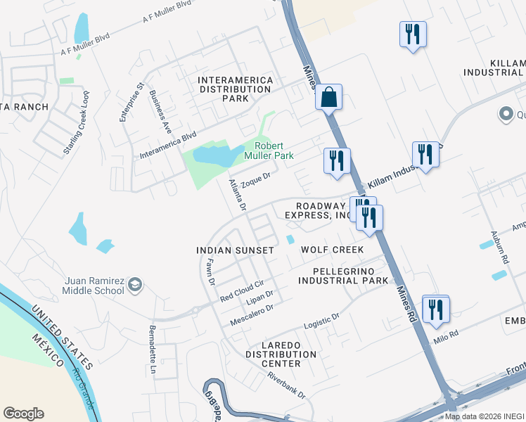 map of restaurants, bars, coffee shops, grocery stores, and more near 516 Hopi Drive in Laredo
