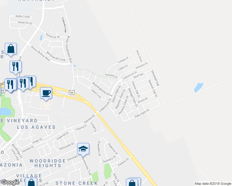 map of restaurants, bars, coffee shops, grocery stores, and more near Desert Palm Drive in Laredo