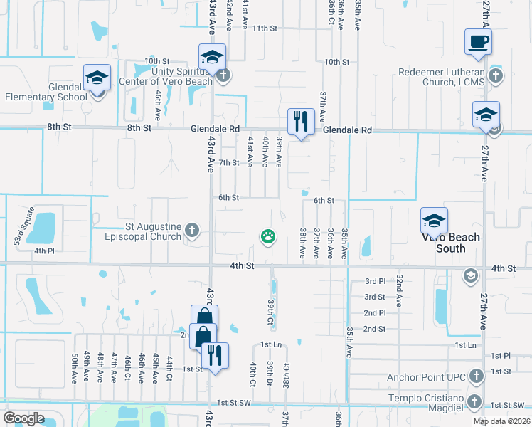 map of restaurants, bars, coffee shops, grocery stores, and more near 545 39th Court in Vero Beach